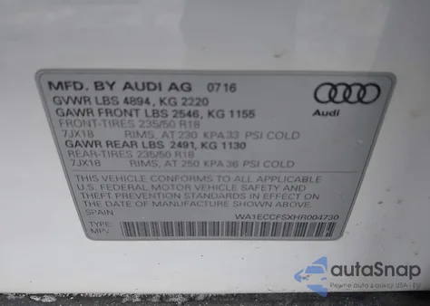 2017 Audi Q3 2.0T Premium z USA, uszkodzony, nr VIN WA1ECCFSXHR004730